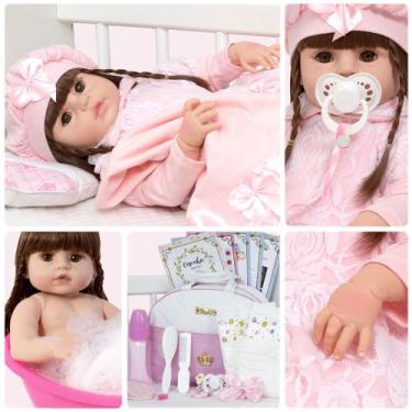Imagem de Bebe Reborn Realista Cabelo Castanho Fofinha Bolsa 20 Itens - Cegonha 