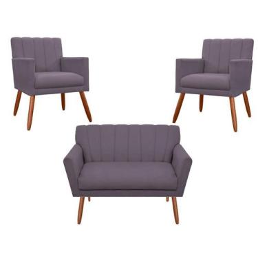 Imagem de Kit Namoradeira + 2 Poltronas Decorativa Cecília Suede Rosê Pés Madeir