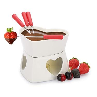 Imagem de BSTKEY Conjunto de aquecedor de manteiga de cerâmica branca, conjunto de panela de fondue em forma de coração, conjunto de tigela de derreter quente para queijo, chocolate, manteiga de caramelo, com 4 garfos