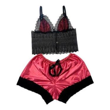 Imagem de Baby Doll Plus Size Renda Cetim Com Elastano Conjunto Lingerie Top Sho