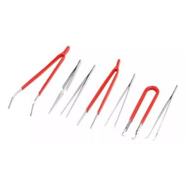Imagem de Kit Pinça 7 Peças Ótima Para Artesanato, eletrônico, relógios vermelho