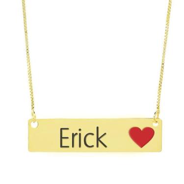Imagem de Colar Nome Personalizado Coração Resinado Erick Banhado Ouro 18K - 999
