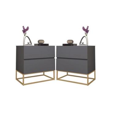 Imagem de Kit 2 Mesas de Cabeceira Alto Padrão 45cm Cinza/Dourado - LCN Moveis