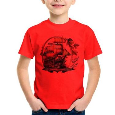 Imagem de Camiseta Infantil Navio e Flores - Foca na Moda, Vermelho, 14