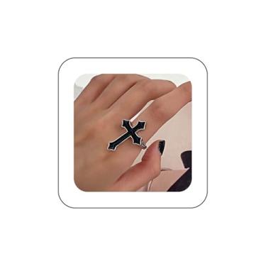 Imagem de Andelaisi Boho Anel de dedo cruz preta vintage resina cruz anel aberto cruz preta anel aberto anel cruz cruz ajustável anel punk religioso cristão joia para mulheres, Zinco, Sem pedra preciosa