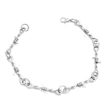 Imagem de Pulseira gótica punk de arame farpado espinhos grossos com elos para mulheres homens casal amizade hip hop rock legal ajustável joias - prata, One Size, Ligas, Sem pedras preciosas