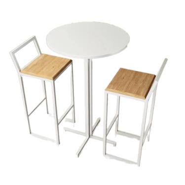 Imagem de Conjunto Mesa Alta Bar Bistrô Redonda Branca 2 Banquetas Confort Pinus Industrial White