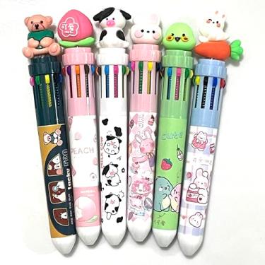 Imagem de sencoo Pacote com 6 canetas esferográficas multicoloridas, 10 em 1, 10 cores, fofo, desenho animado, para escritório, material escolar, prêmio, coelho, vaca, dinossauro, urso, animal, presente para crianças
