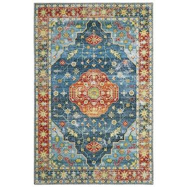 Imagem de COZYLOOM Tapete de área 8x10 Boho Tribal Tapete Vintage Medalhão Persa Tapete Grande Lavável Tapete Oriental Antiderrapante para Sala de Estar Quarto Escritório Dobrável Azul/Vermelho