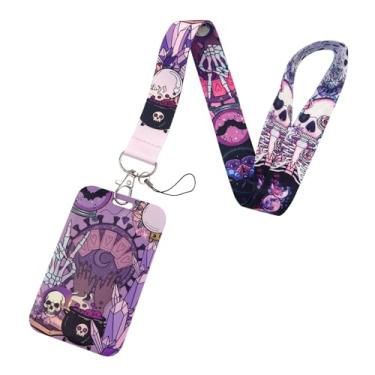 Imagem de BKBKAAK Cordão roxo de bruxa com suporte de crachá de identificação, cordão legal de pescoço e pulso com chaveiro, cordão de caveira e lua para mulheres, meninas e crianças