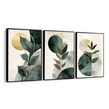 Imagem de Quadro Decorativo Abstrato folhagem tons verde gold luxo sala quarto com Moldura (Moldura Preta, 60x80, Com Vidro)