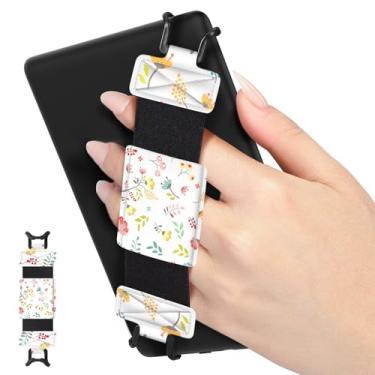 Imagem de MoKo Alça de mão macia para Kindle eReaders Fire Tablet Kindle/Kobo/Voyaga/Lenovo/Sony Kindle E-Book, preto de alta elasticidade versátil alça de mão leve, suporte de dedo leve, flores brilhantes