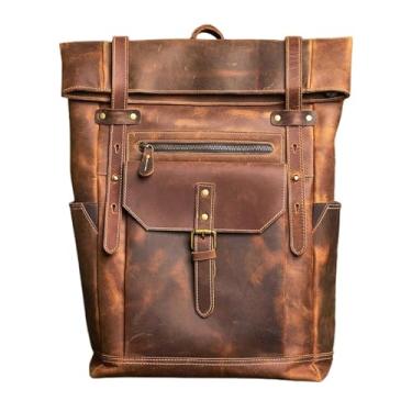 Imagem de Mochila clássica de couro genuíno para homens mochila de grande capacidade ao ar livre bolsa de computador portátil para homens(Vintage Brown)