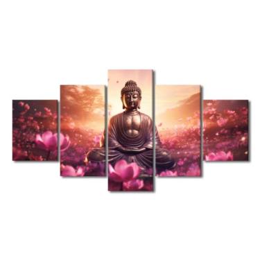 Imagem de Decoração de arte de parede de Buda moderna 5 painéis sala de estar arte de casa escultura de Buda religiosa impressão de pôster arte de crentes budistas decoração de quarto esticado e emoldurado