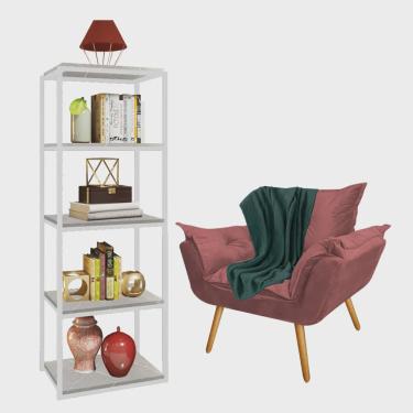 Imagem de Kit Poltrona Fatte com Manta Soft Verde e Estante Livreiro Ferro Branco mdf Marmorizado Cinza Suede Rose Gold - Ahz Móveis