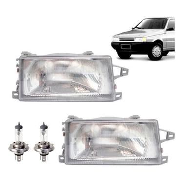 Imagem de Kit par farol cromado uno mille fire smart 1991 A 2003 fiorino elba + par lampada H4 halogena