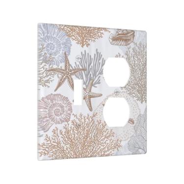 Imagem de Yamxbfa Capas decorativas para tomada marrom, coral, estrela-do-mar, concha, oceano, praia, 2 gangs, capa de parede com interruptor duplo, combo de dois interruptores, placa de cobertura para