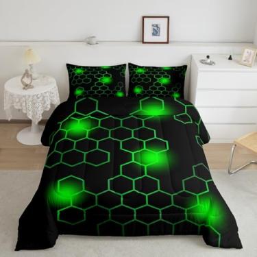 Imagem de Feelyou Conjunto de edredom geométrico verde e preto colmeia tamanho casal para crianças, meninos, meninas, geométrico, hexagonal, edredom de microfibra macia