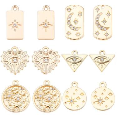 Imagem de SUNNYCLUE 1 caixa com 24 peças, 6 estilos, pingentes banhados a ouro 18 K, berloque de olho turco, micro estrelas, strass, lua, coração, amor, amuleto, para joalheria, pingentes, faça você mesmo, colar, brinco, pulseira, mulheres, adultos, artesanato