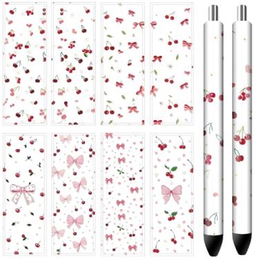 Imagem de CRASPIRE 48 peças UV DTF caneta wrap transfer decalque 8 estilos laço cereja texturizado fundo 4,7 × 1,15 cm impressão HD impermeável adesivos de papel revestido para lápis em branco personalizado