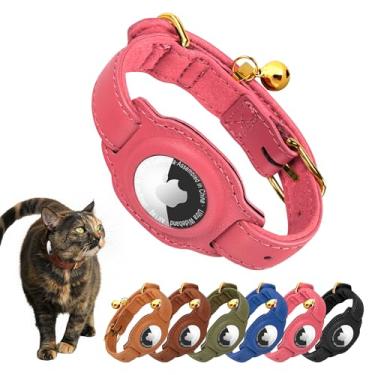 Imagem de Jowlroel Coleira AirTag para gatos com sino e forro de tecido - Coleira de couro para gatos - Coleira de couro para gatinhos que não quebram com suporte para AirTag - Coleiras GPS para gatos meninos e