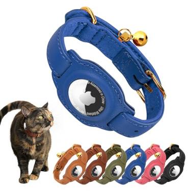 Imagem de Jowlroel Coleira AirTag para gatos com sino e forro de tecido - Coleira de couro para gatos - Coleira de couro para gatinhos que não quebram com suporte para AirTag - Coleiras GPS para gatos meninos e