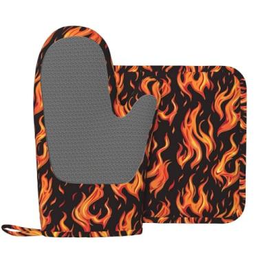 Imagem de Indokyeyqaz Conjuntos de luvas de forno e suportes de panela Flames para casa, luvas de silicone resistentes ao calor, para cozinha, cozinhar, grelhar no micro-ondas