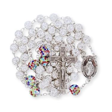 Imagem de Nazareth Store Colar de Rosário de Prata Antigo 8 mm Multicolorido Cristalizado 10 mm Contas Misteriosas Medalha Milagrosa Crucifixo, 22 ", Vidro, Sem Pedra Preciosa