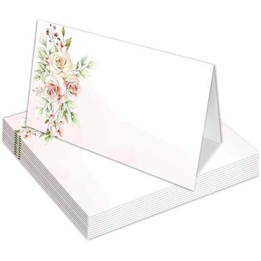 Imagem de Cartões de lugar com floral blush, marcados para facilitar a dobra, conjunto de 25 cartões de mesa estilo barraca, decoração de festa, cartão de preenchimento de nome em branco para casamento, noiva,