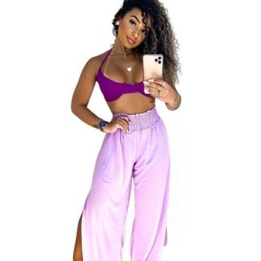 Imagem de Saída De Praia Calça Pantalona Feminina Com Elastico E Fenda - Look Dr