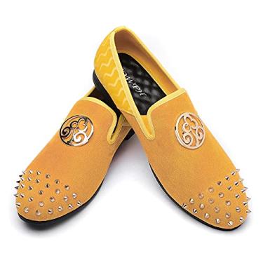 Imagem de XQWFH Mocassim masculino leopardo bordado de couro com pontas, sapato de vestir, chinelo de luxo, moda de penny de formatura, Amarelo, 10