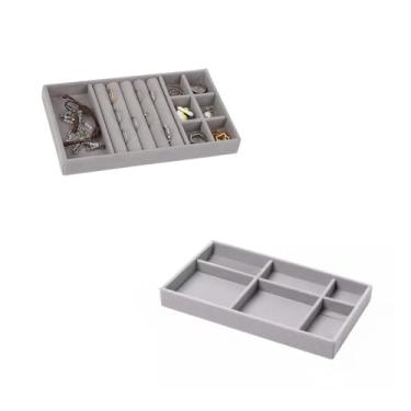 Imagem de Porta Jóias de Veludo para Closet Gavetas Bandeja Organizador de Bijuterias Anel Brinco Relógio Pulseira e Colares (KIT BANDEJA 1 E 2 (2 UN- CINZA)