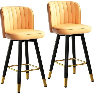 Imagem de Conjunto de 2 barstões de barstool de cadeiras altas, bancos de balcão de cozinha modernos com couro estofado, moldura de metal e apoio para os pés de ouro, laranja, 65 cm