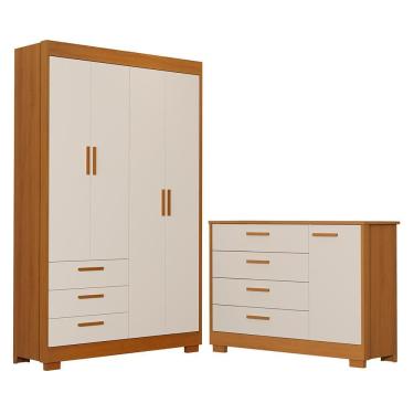 Imagem de Jogo de Quarto Infantil Zaki com Guarda Roupa 4 Portas e Cômoda 7 Gavetas em MDF 125cm Bege Reller Móveis