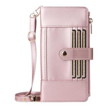 Imagem de FWYANZH Capa carteira para iPhone 16 Pro Max/16 Pro/16 Plus/16, capa de couro flip com zíper transversal, compartimentos para cartões, suporte com proteção RFID, alça de pulso, rosa, 16 Pro Max