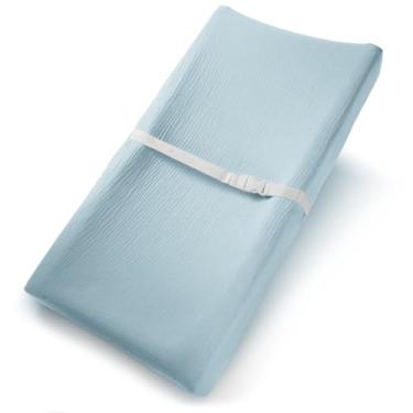 Imagem de Comfy Cubs Capa de trocador de musselina - Macia, respirável e lavável, lençol com elástico 100% algodão para conforto do bebê - Ajuste universal para trocador de bebê plano e curvo - azul celeste