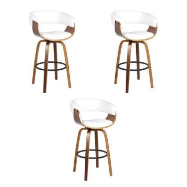 Imagem de Kit 3 Banquetas Betim Branca PU Base Madeira - Rivatti