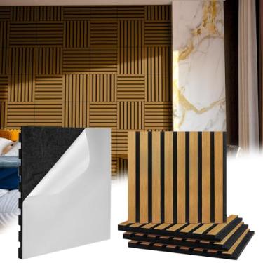 Imagem de Geelin 8 peças de painéis de parede de madeira 3D descascar e colar painel acústico de ripas de madeira autoadesivo 30 cm x 32 cm 3D estriado texturizado à prova de som para decoração de teto de