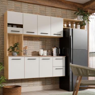 Imagem de Armário De Cozinha Completo Suspenso Com 7 Portas E 2 Gavetas Cor Freijó Off