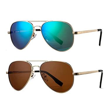 Imagem de Óculos de sol aviador polarizados para homens e mulheres, armação de metal leve, proteção UV400, Pacote com 2 (dourado/verde espelhado, dourado/marrom), MM