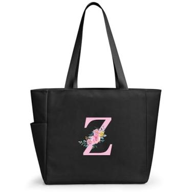 Imagem de KALIDI Sacola de praia personalizada, bolsa de compras com zíper inicial do alfabeto para mãe, professora, amiga, casamento, compras diárias, Preto - Z, Large