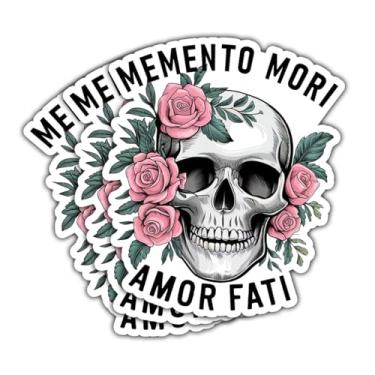 Imagem de 3 peças Memento Mori Amor Fati adesivo citação estoicismo Memento Mori Amor Fati adesivos estoicismo filosofia caveira rosa vinil presentes para amigos decalque de carro para laptop garrafa de água