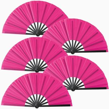 Imagem de Oncpcare 5 peças grande ventilador de mão em massa, chinês japonês Kung Fu Tai Chi Popping Clack Rave leques dobráveis portáteis para dança em linha (rosa vermelha)