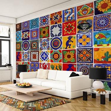 Imagem de NIVFOEASC Retire e cole papel de parede mexicano azulejo de cerâmica multicolorido colorido brilhante adesivo de parede mural de parede removível papel de parede grande autoadesivo para sala de estar