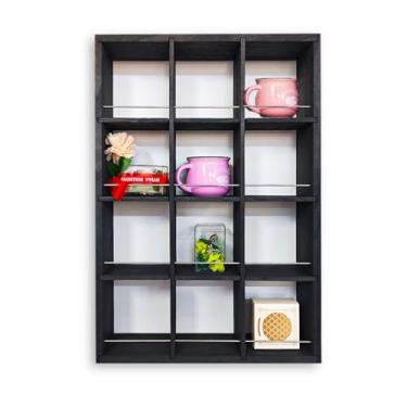 Imagem de Prateleira de exposição de caneca de café, prateleiras de madeira, suporte de copos, caixa de sombra, caixa de sombra, caixa de sombra, caixa de vidro de tiro com 12 compartimentos (preto)