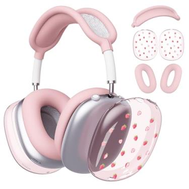 Imagem de BlHMCASE Capa de fone de ouvido para AirPods Max, lindas capas transparentes de morango, capa de silicone rosa para fones de ouvido para Apple AirPods Max