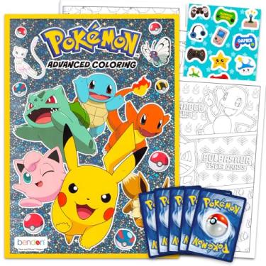 Imagem de Livro de colorir Pokemon para crianças, adolescentes – Pacote com livro de colorir avançado Pokemon com adesivos e cartas Pokemon para meninos | Conjunto de colorir Pokemon