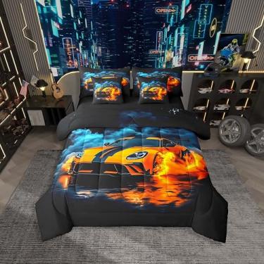 Imagem de Erosebridal Conjunto de edredom para crianças, solteiro, carro esportivo laranja em uma bolsa para adolescentes, jogos esportivos legais, com lençol de cama moderno de carros de corrida para meninos
