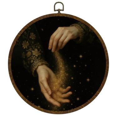 Imagem de KLYTINK Arte de parede de flores com letras vintage, moldura de grão de madeira redonda, design de jardim floral, decoração redonda pendurada, estampa de buquê de flores silvestres em aquarela para