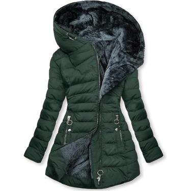 Imagem de Casacos Femininos Forrado De Lã Jaqueta Grossa Térmica Casaco Feminino Com Capuz Zíper Jaqueta Acolchoada Casaco Acolchoado Jaquetas De Inverno Femininas Casaco Acolchoado Gro, Vert, XXL